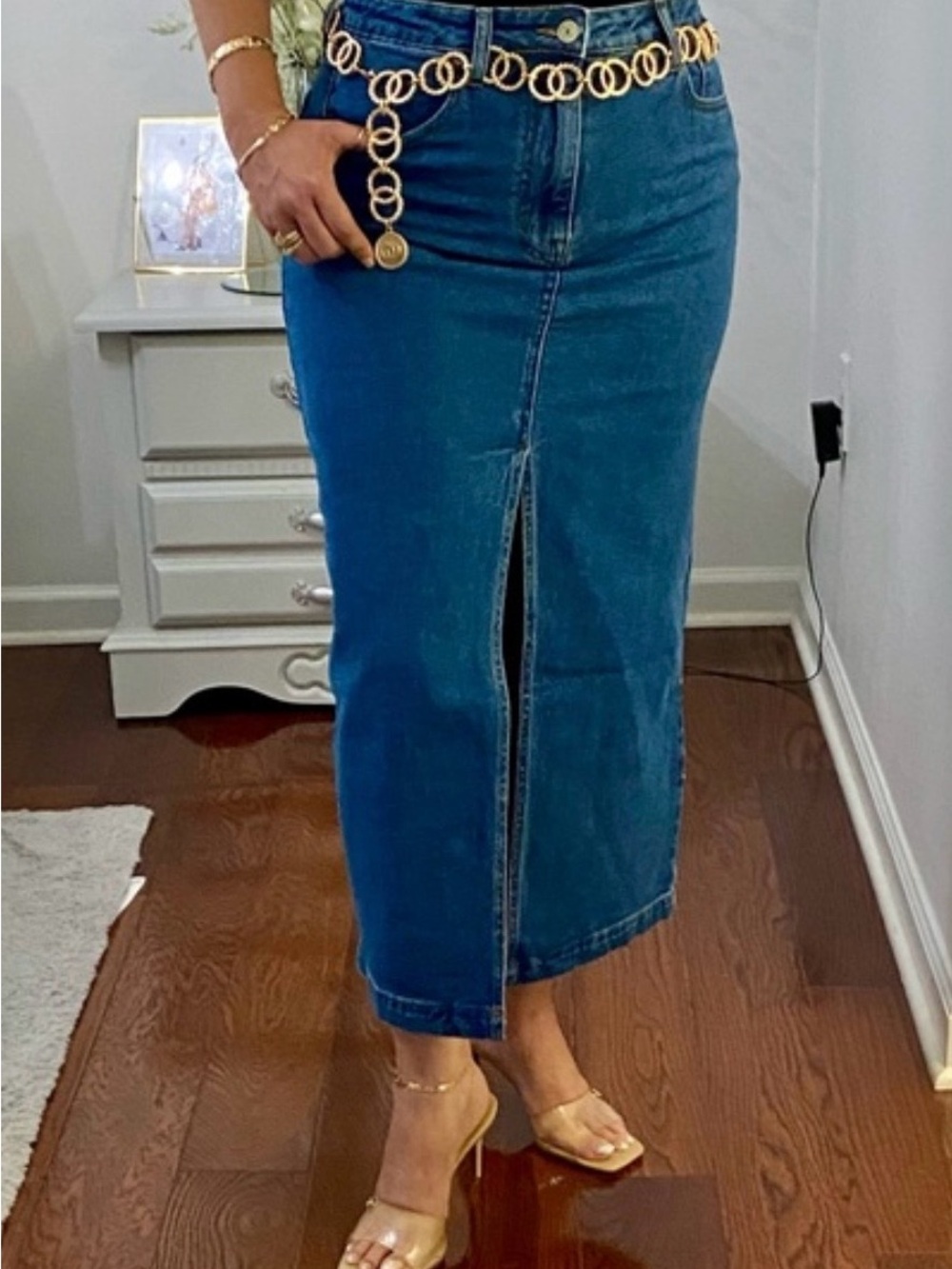 Steve Madden Dark Blue Denim Midi Skirt with Front Slit